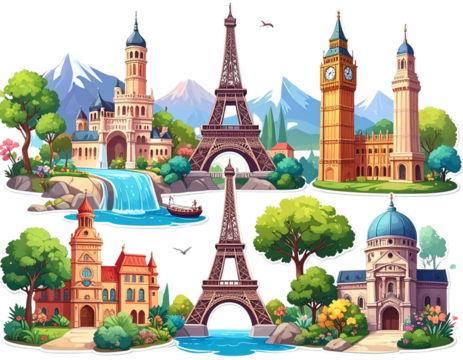  PNG Cute iconic landmarks stickers, element set on transparent background