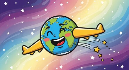 Happy Earth Planet Flying with Airplane Wings in Space.
