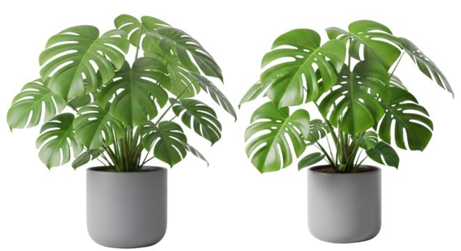 Large Green Monstera Plant in a Gray Modern Pot Isolated Transparent Background