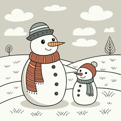 Cute cartoon snowman family in a winter landscape