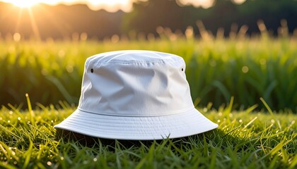 White bucket hat on green grass in golden sunlight.
