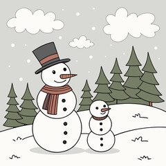 Snowman family in winter wonderland with fir trees and snow