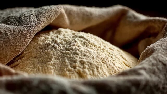 Medium shot of whole wheat bread dough resting in a linen cloth focusing on fermentation and traditional baking process.