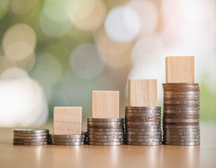 Progressive stacks of coins and wooden blocks illustrating business growth, savings, and wealth accumulation