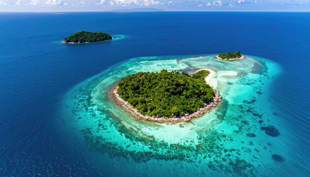 Aerial View Of Tropical Islands Surrounded By Turquoise Ocean Waters And Lush Green Vegetation Under A Clear Blue Sky