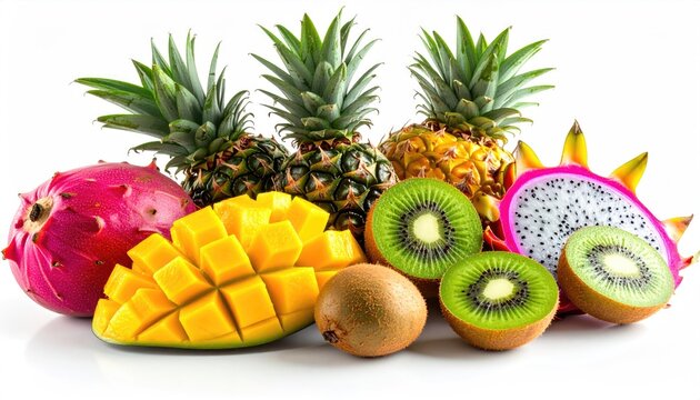 Assortment Of Tropical Fruits Including Dragon Fruit Pineapple Mango And Kiwi On A White Background Healthy Eating And Nutrition Concept