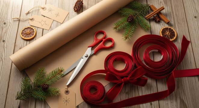 Flat lay of Christmas gift wrapping materials
