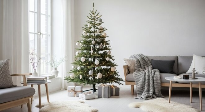 Modern minimalist Christmas tree with neutral ornaments