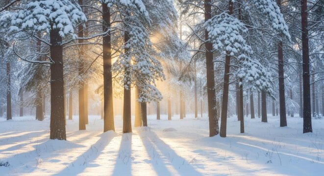 Peaceful snow-covered pine forest under soft golden sunrise light