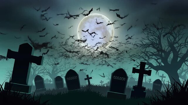 spooky scary night view of cemetery under full moon with bats flying over the graves. graveyard scene. happy halloween video backgrounds. Seamless looping animated background