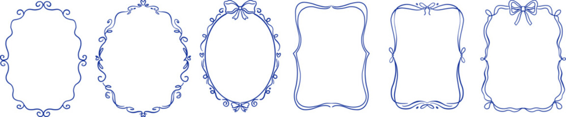 Hand drawn blue decorative frames with ribbon bows, elegant romantic borders, minimalist outline design for cards and invitations