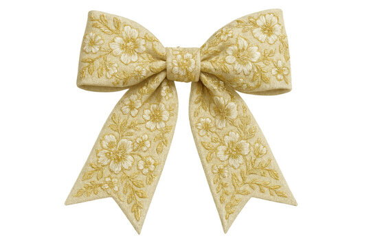 Golden embroidered fabric bow with floral pattern, elegant decorative element for gifts, holidays, and celebrations