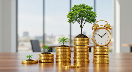 Clock shaped coin stack with a sprouting tree atop a reflective desk in a modern office