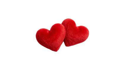 Fototapeta premium Two plush red hearts on white background, a symbol of love and affection for Valentine's Day or romantic moments
