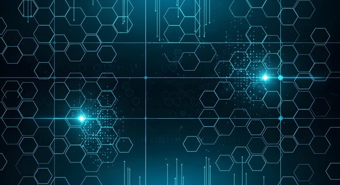 Futuristic digital technology background featuring a glowing blue hexagonal network and abstract data connections