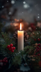 白い蝋のキャンドルが穏やかな炎で揺れ金色のボケが奥行きをつくる冬の夜を思わせるクリスマス背景の縦構図. 生成AI