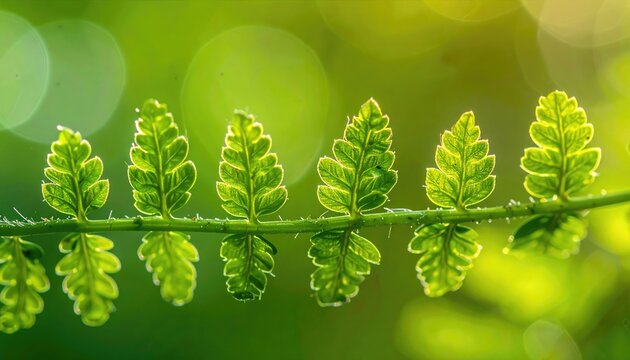 Close up of a delicate fern frond with sunlight filtering through vibrant green leaves and soft bokeh background in a lush forest environment - Powered by Adobe