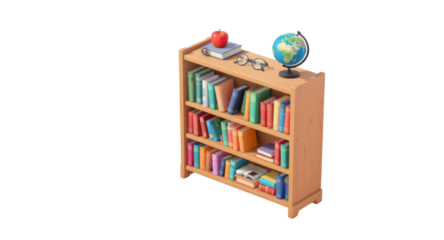 Vibrant Wooden Bookshelf with Colorful Books Red Apple Globe and Eyeglasses.