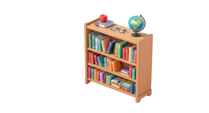 Vibrant Wooden Bookshelf with Colorful Books Red Apple Globe and Eyeglasses.