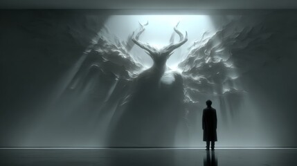 A minimalist, modern interpretation of a mythical creature, rendered in sculpted relief against a stark white wall