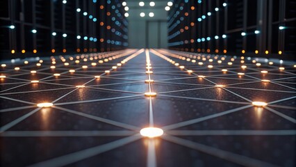 A futuristic data center with glowing lights and intricate patterns on the floor, reflecting advanced technology and digital connectivity.