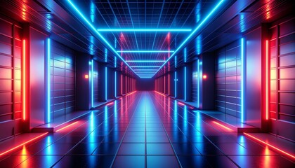 3D render futuristic corridor for black friday background with glowing neon red and blue lights, tech-inspired grid pattern, empty space for banner