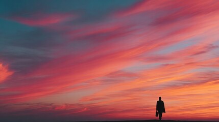 Silhouette of a Person Walking at Sunset
