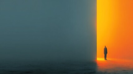 A solitary figure stands at the edge of a vibrant orange light, shrouded in a misty environment