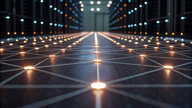 A futuristic data center with glowing lights and intricate patterns on the floor, reflecting advanced technology and digital connectivity.