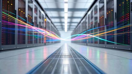 A futuristic server room with colorful data streams flowing between rows of server racks, symbolizing high-speed data transmission.