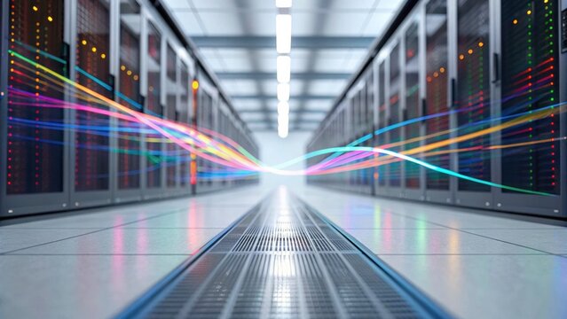 A futuristic server room with colorful data streams flowing between rows of server racks, symbolizing high-speed data transmission.