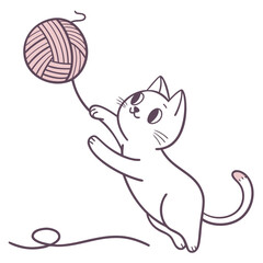 Cute white kitten playing with a ball of yarn