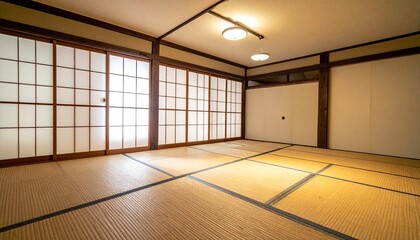 Empty traditional interior space illuminated by ceiling fixtures features sliding paper screens and woven floor coverings