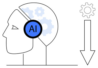 Outline of a human head wearing an AI-labeled headset, gears symbolizing machine processing or learning, and a downward arrow alongside. Ideal for technology, AI, machine learning, automation