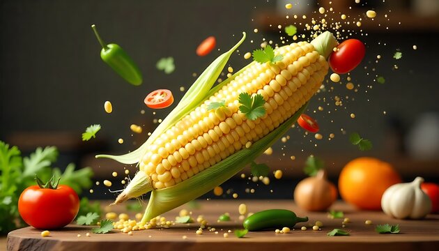 Fresh corn and vibrant vegetables floating in a dynamic composition, perfect for culinary concepts and healthy eating imagery