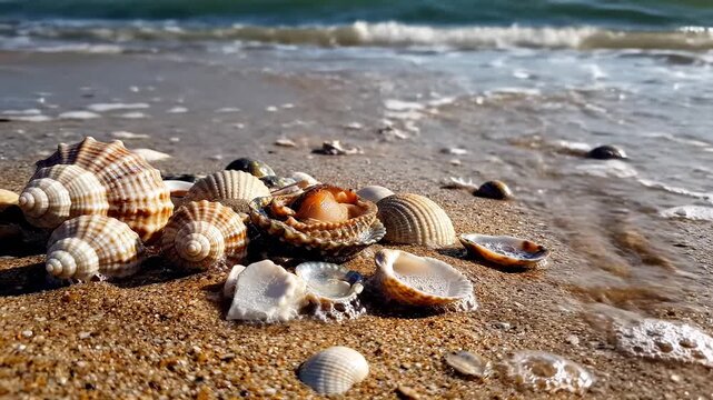 Seashells on the Beach with Gentle Waves and Golden Sand.