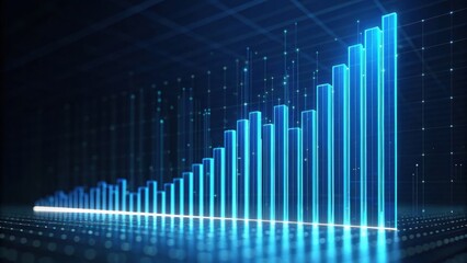A digital representation of a rising graph, showcasing growth with blue, glowing bars against a dark background.