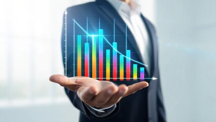 A businessman holds a digital graph displaying fluctuating data trends, illustrating growth and analysis in a modern office environment.