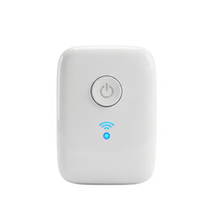 Sleek white portable Wi-Fi router with a round power button and a glowing blue signal indicator.