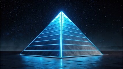 A glowing pyramid under a starry sky, showcasing vibrant blue lines and a mysterious atmosphere.