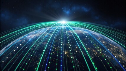 A digital representation of Earth with glowing lines emanating from a bright source, suggesting connectivity and technological advancement.