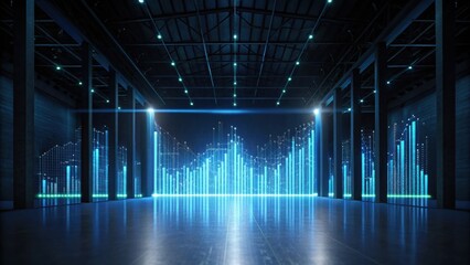 A futuristic, illuminated space featuring dynamic blue data visualizations against a dark background, suggesting technology and analytics.