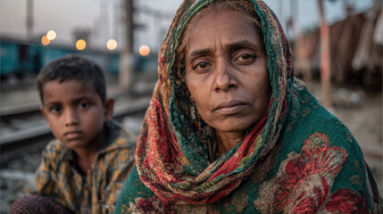 Fototapeta premium Woman wearing patterned shawl with serious expression sitting near railway tracks with young boy in plaid shirt in blurred background outdoors