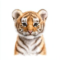 Obraz premium A cute, realistic illustration of a young tiger with distinct orange and black stripes, set against a plain white background.