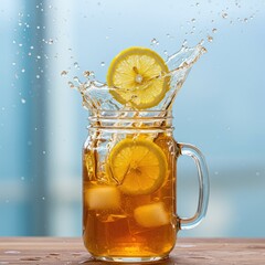 Refreshing Iced Tea with Lemon Slices and Splashing Water on Wooden Table