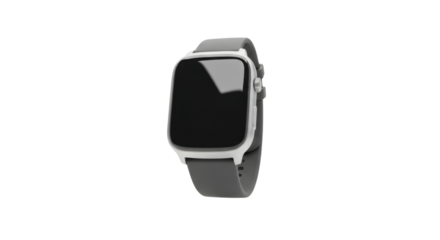 Modern white smartwatch with a grey silicone band and blank screen featuring a side crown and button.