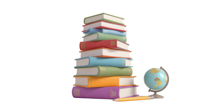 A tall stack of colorful hardcover books with a small world globe and a yellow pencil symbolizing education and knowledge.
