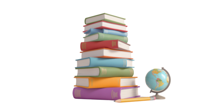 A tall stack of colorful hardcover books with a small world globe and a yellow pencil symbolizing education and knowledge.