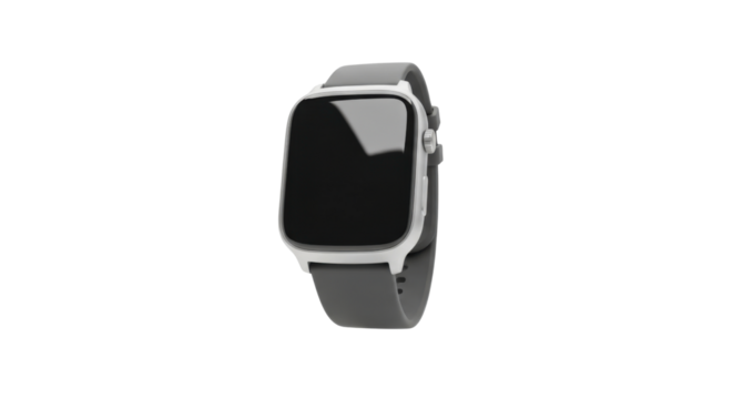 Modern white smartwatch with a grey silicone band and blank screen featuring a side crown and button.