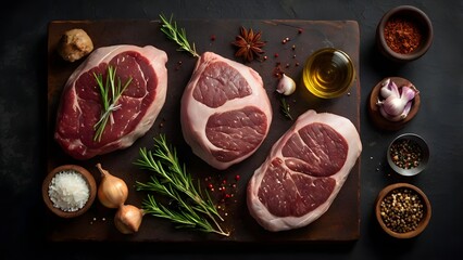 Raw steak selection with herbs, spices, and garlic on rustic dark cutting board